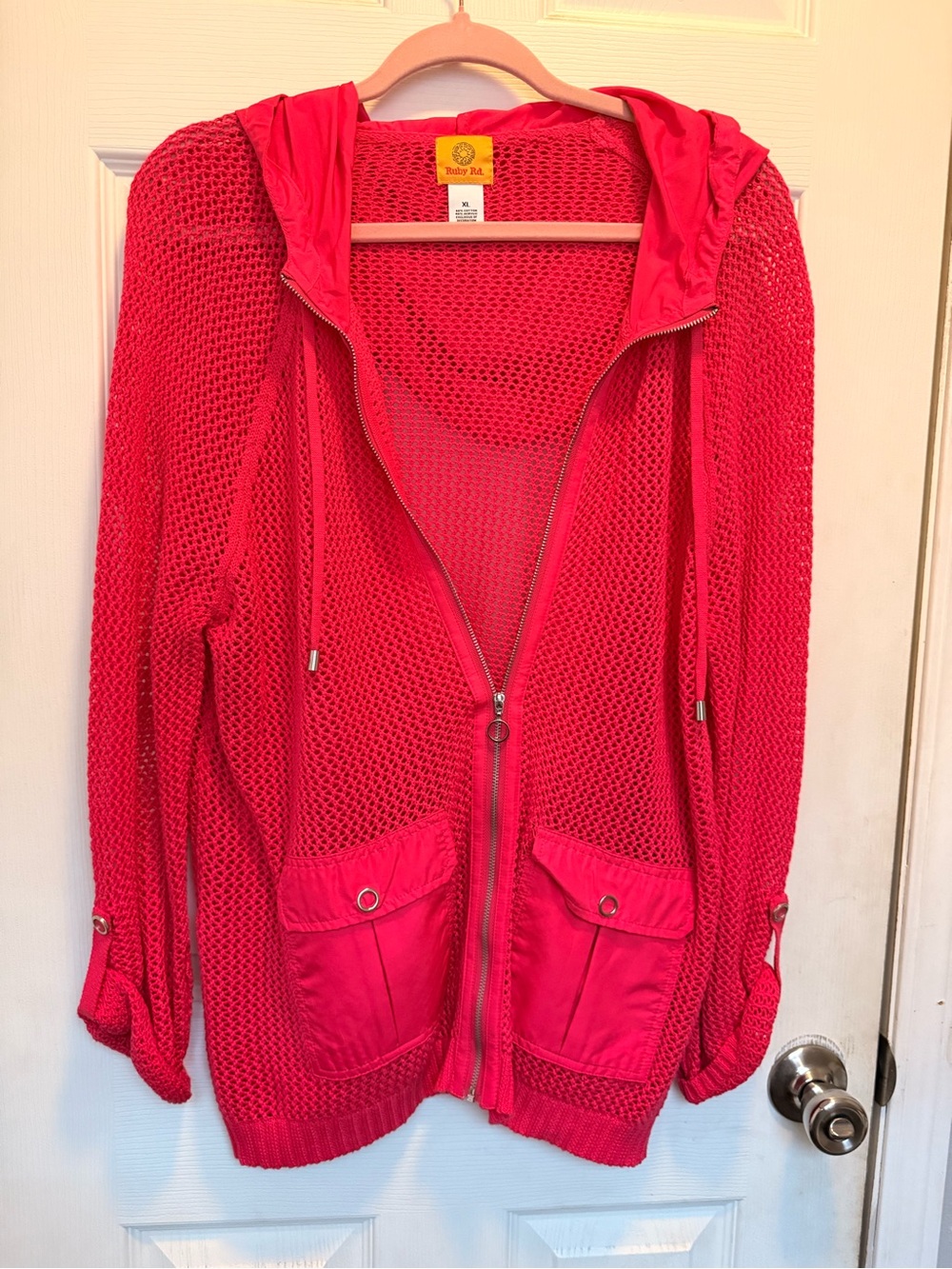 Ruby Rd. Bright Pink Open-Knit Hooded Zip Cardigan